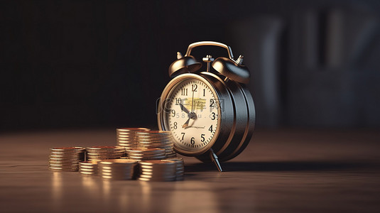 省钱节背景图片_带有硬币堆的闹钟的 3D 渲染，提醒您在纳税期限前省钱