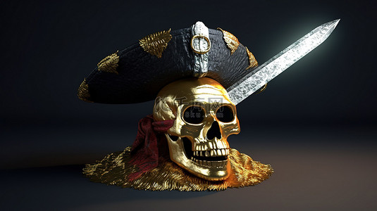 帽子卡通背景图片_1 海盗宝藏加密货币头骨剑和帽子的 3D 渲染插图