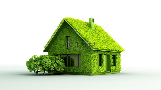 生态友好的绿色建筑呈现在 3D 隔离在白色背景