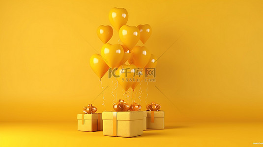 爱卡背景图片_3D 渲染充满爱的情人节庆祝活动，配有黄色背景心形气球和礼品盒