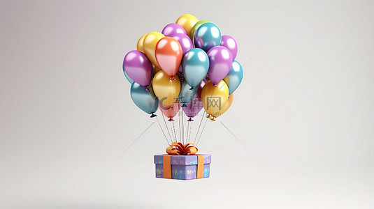 白色背景上附有礼物的气球花束的 3D 渲染