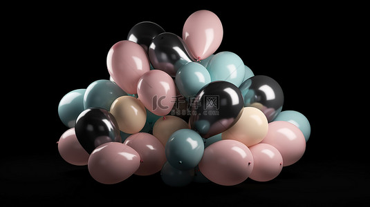 1 型柔和玫瑰气球的 3D 插图，拼写出黑色背景上隔离的字母表
