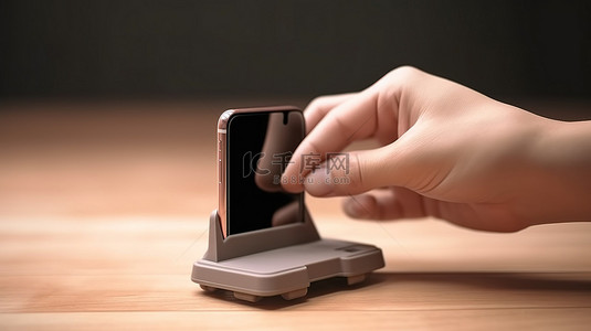 架手架背景图片_木桌，配有 3D 渲染的塑料手机支架，手握智能手机
