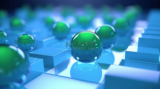 浅色背景上的蓝色和绿色 3D 球体和立方体