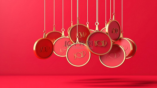 粉红色背景上金币和红色销售吊牌的 3D 渲染