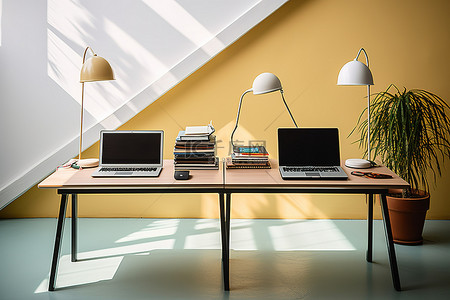 公司创始人背景图片_办公桌上有两台笔记本电脑