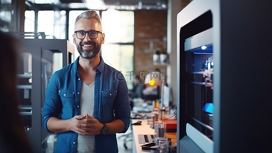 快乐而熟练的设计师站在 3D 打印机旁边观察其显示屏，微笑着