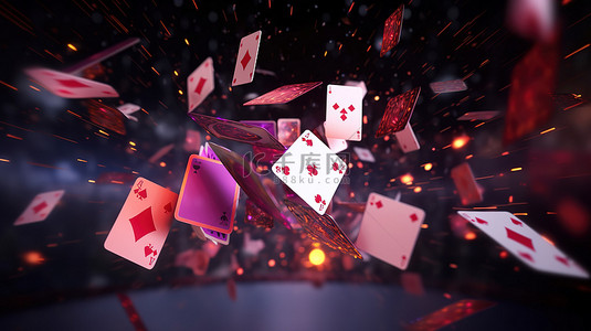 扑克牌游戏背景图片_飞行中的王牌抽象扑克牌具有令人眼花缭乱的照明 3D 渲染插图
