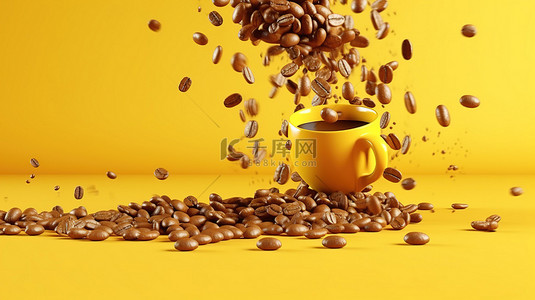 黄色背景美食背景图片_3d 渲染黄色背景，带有掉落咖啡豆的极端特写