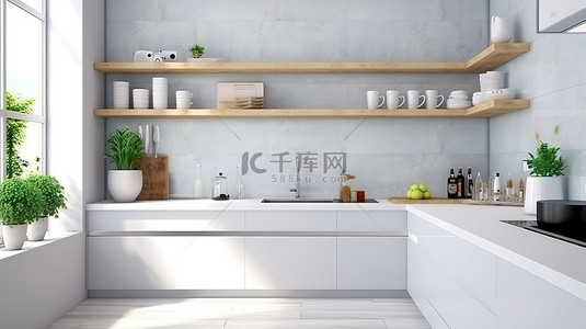 现代厨房空间配有时尚的白色橱柜瓷砖台面和别致的 3D 厨具