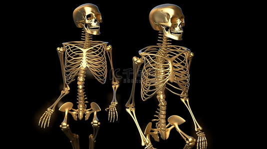 黑色人体背景图片_从上方看到的金色和黑色 3d 渲染骨架的概念艺术