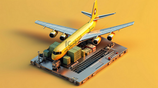 船舶物流背景图片_综合运输 3D 渲染笔记本电脑飞机船舶和卡车的插图