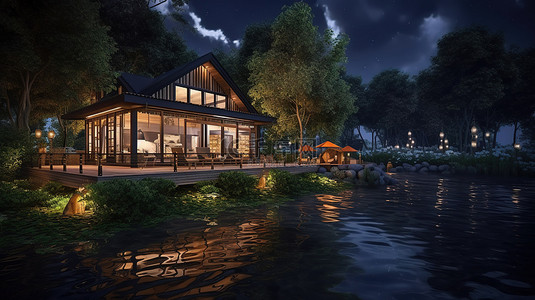 河边木屋在夜间 3D 渲染中照亮