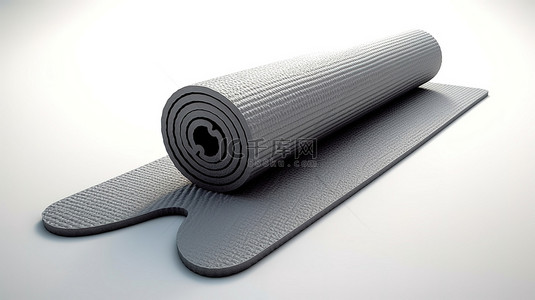 白色背景运动和健身器材用灰色瑜伽垫的 3D 渲染