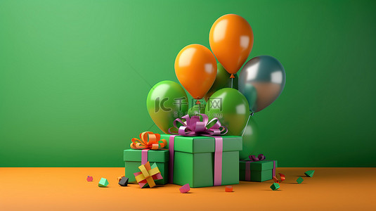 郁郁葱葱的绿色背景下充满活力的气球和礼品盒的 3D 渲染