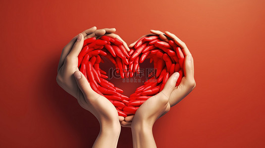 情侣爱心手背景图片_具有心跳波的象征性手心波心脏捐赠的 3D 渲染