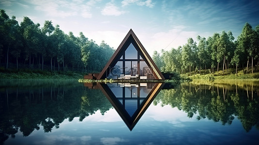 森林湖泊景观中一座令人惊叹的三角形房屋的插图，非常适合露营