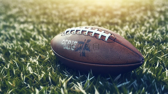 美式足球在体育场草坪横幅上的 3d 渲染