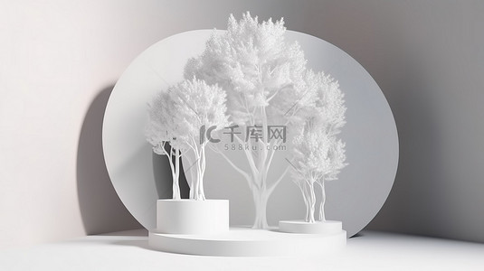 专业产品背景图片_光滑的 3d 白色产品站在白色背景上，带有树影专业渲染