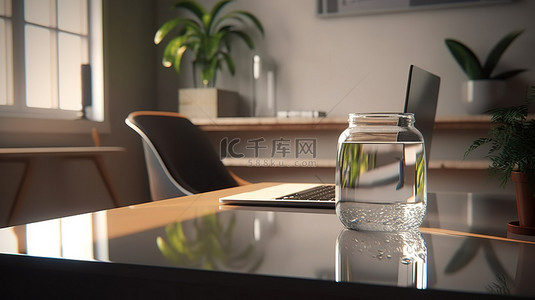 带笔记本电脑水玻璃和盆栽植物的家庭办公场景 3d 渲染工作台