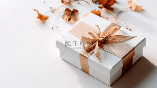 节礼日礼物盒白色枯叶背景
