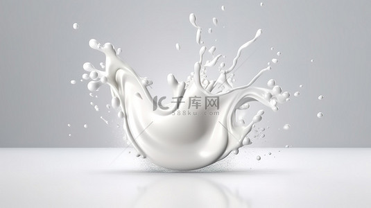 令人惊叹的白色 3D 渲染中的波纹牛奶和飞溅酸奶