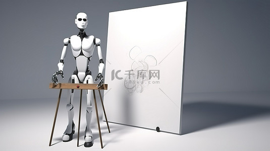 人工智能机器人绘图的 3D 渲染使空白画布栩栩如生