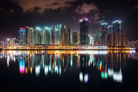 海洋旅行背景图片_一座大型灯光倒映在水中的城市