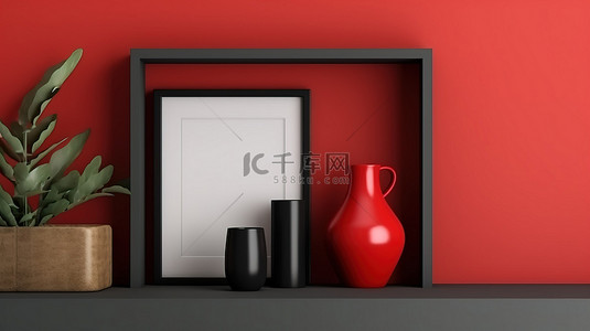 方形背景的 3D 插图，带有倾斜的黑色相框和带有空白样机模板的红色架子
