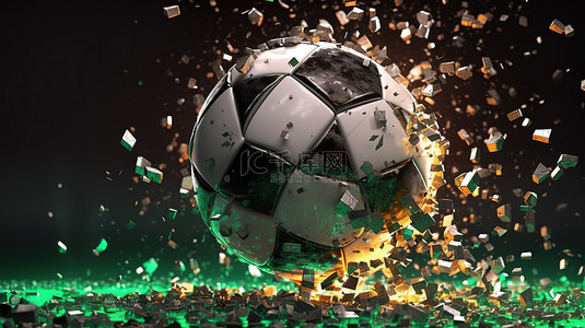 球碰撞背景图片_霓虹灯照明的足球碎片成小块 3D 渲染