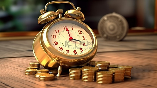 卡通时间背景图片_时间与财务 3D 渲染中闹钟和金钱硬币之间的平衡