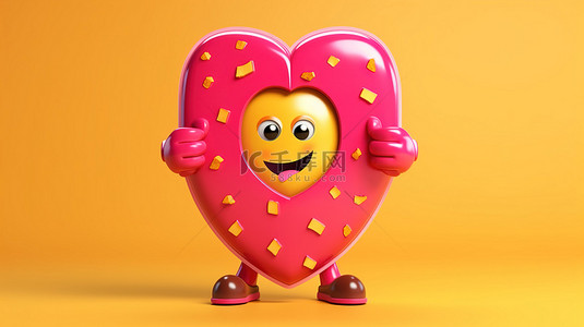 黄色背景人物吉祥物的 3D 渲染，一个带有红色金属防护罩的大粉色釉面草莓甜甜圈