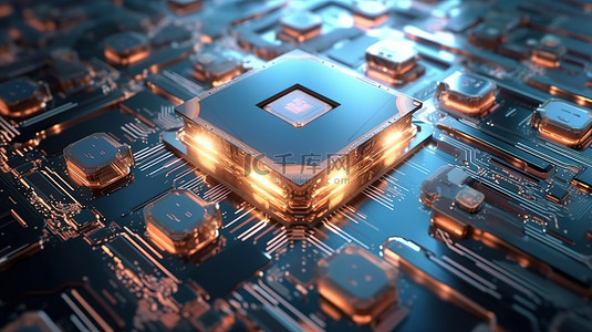 板上量子计算技术 3D 渲染 cpu 芯片的插图