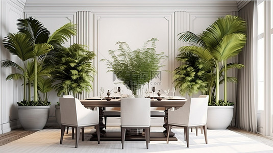 棕榈背景图片_汉普顿风格的 3D 渲染舒适的家庭内部，在设计精美的餐厅中设有棕榈植物