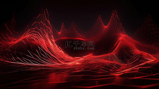 计算机生成的具有多边形形状的抽象波浪背景相互连接的点和线以及红色流线
