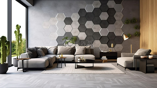 带有六边形灰色瓷砖墙的客厅的当代设计 3D 渲染