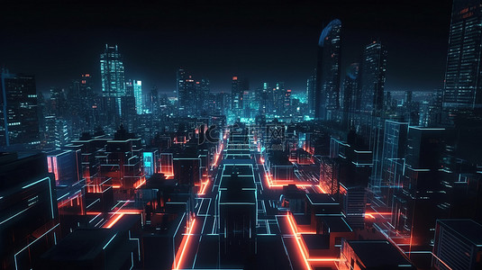 未来派的赛博朋克城市景观，霓虹灯和灯光的 3D 渲染，用科幻技术和超越 5G 网络照亮漆黑的夜景