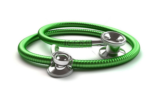 医疗绿色背景图片_白色背景上肺形绿色听诊器的 3d 渲染