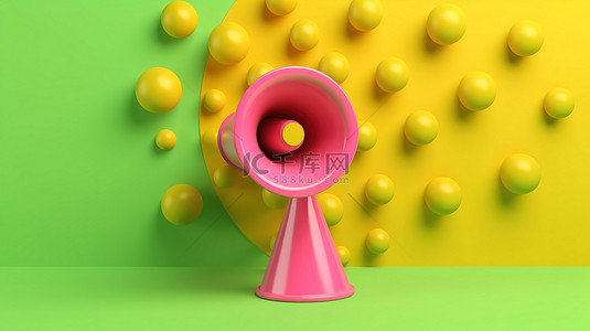 绿色气泡框背景图片_粉色背景上绿色和黄色的空白 3D 扩音器和语音气泡