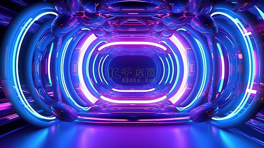 荧光蓝荧光背景图片_3D 渲染抽象形状，带有霓虹蓝和紫色色调，营造未来科幻氛围