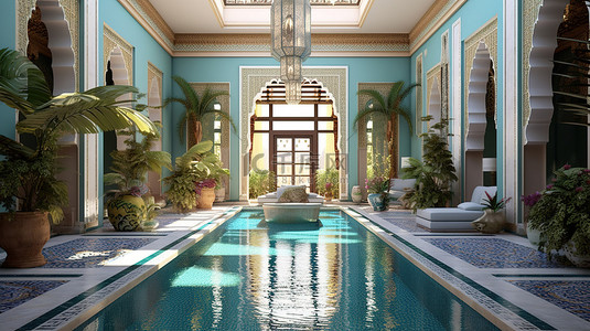 令人惊叹的摩洛哥主厅，带有双空间和中央池塘 3D 可视化