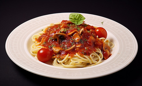西红柿大棚背景图片_一个白盘，配意大利面酱蘑菇和西红柿