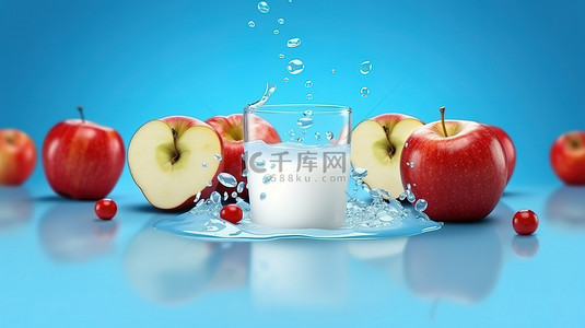 蓝色背景下牛奶中红苹果果实的 3D 渲染