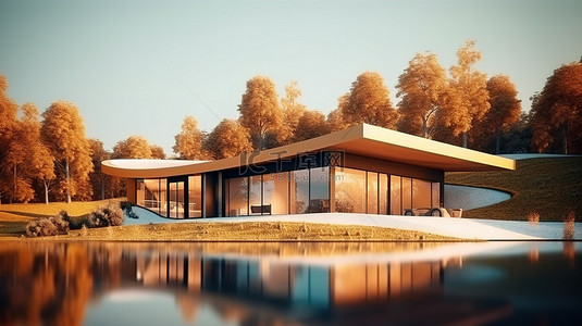 当代简约住宅 3D 插图，在自然美景和道路中展现建筑辉煌