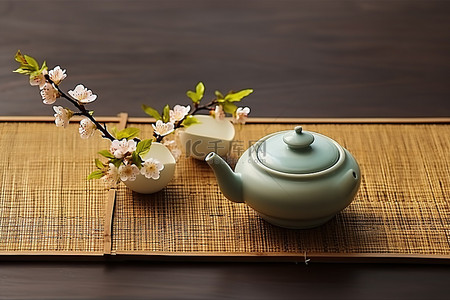 木桌上的茶壶和平底锅
