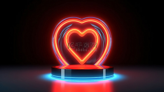 玫瑰花圈爱心背景图片_霓虹心抽象情人节爱情的 3D 概念渲染