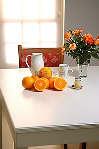 白色餐桌，橙子和围裙