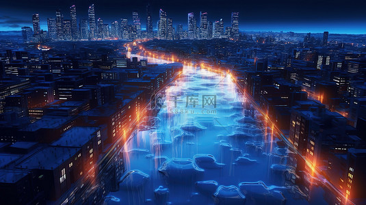 夜晚被辐射水照亮的城市的 3D 渲染