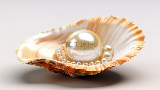 贝壳的白色剪切路径图像，里面有 3d 渲染的珍珠