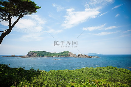 山和海洋背景图片_从悬崖上的灌木丛附近欣赏岛屿和海洋的景色